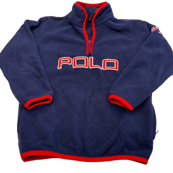 Polo Ralph Lauren Boys Fleece 1/4 Zip Navy Blue Red Trim POLO Logo Pullover Sz 6 - Picture 1 of 13